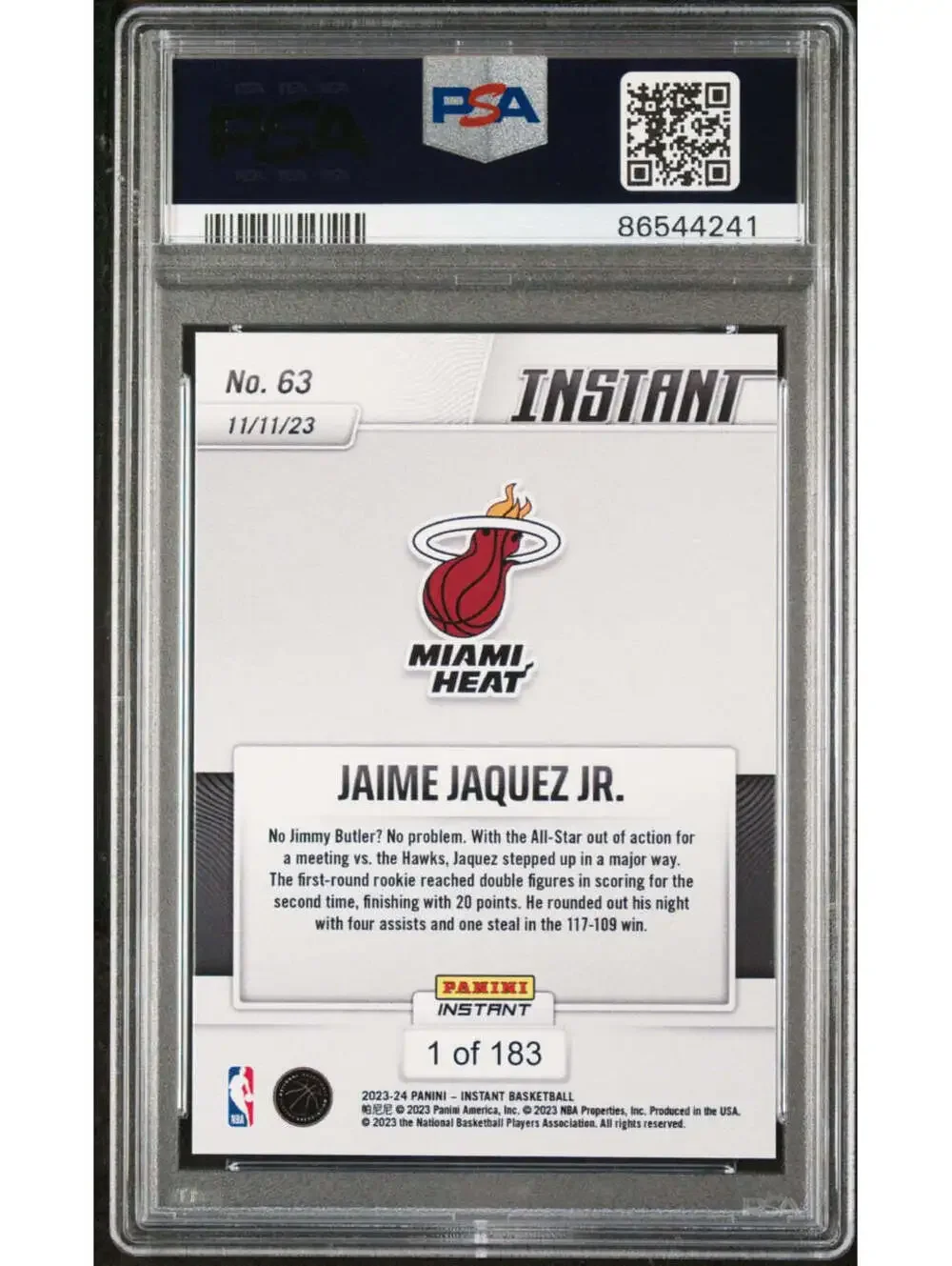 Jaime Jaquez Jr. 2023-24 Panini #63 NBA Rookie Card 1 of 183 PSA 10 Gem Mint